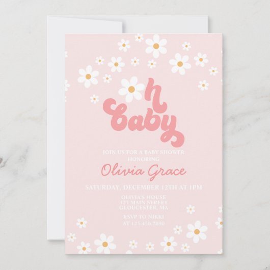 Daisy Pink Retro Groovy Baby shower Kaart (Voorkant)