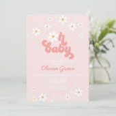 Daisy Pink Retro Groovy Baby shower Kaart (Staand voorkant)