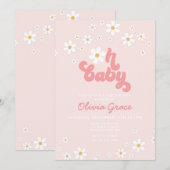 Daisy Pink Retro Groovy Baby shower Kaart (Voorkant / Achterkant)
