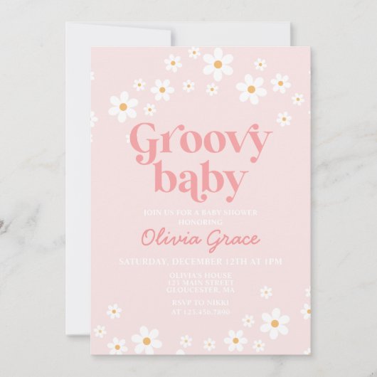Daisy Pink Retro Groovy Baby shower Kaart (Voorkant)