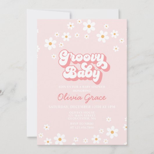 Daisy Pink Retro Groovy Baby shower Kaart (Voorkant)