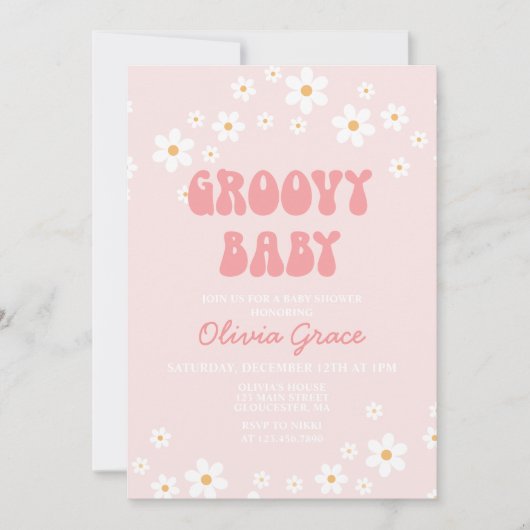 Daisy Pink Retro Groovy Baby shower Kaart (Voorkant)