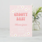 Daisy Pink Retro Groovy Baby shower Kaart (Staand voorkant)