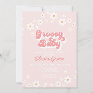 Daisy Pink Retro Groovy Baby shower Kaart