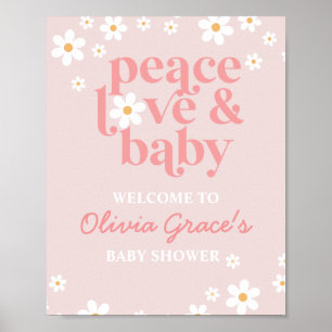 Daisy Pink Retro Peace Love Baby shower Welkom Poster