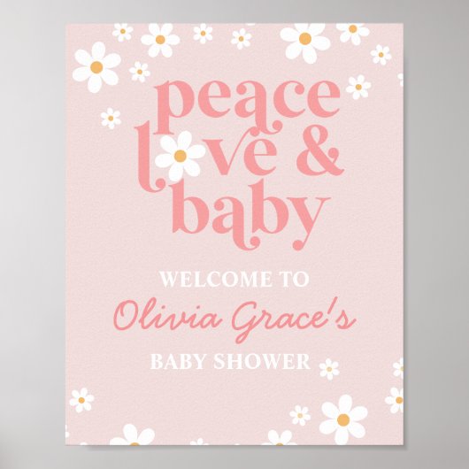 Daisy Pink Retro Peace Love Baby shower Welkom Poster (Voorkant)