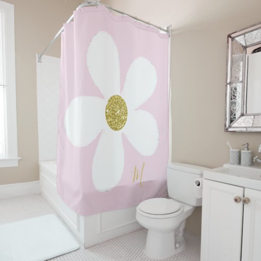 Daisy Pink White Simple Floral Gold Personal Douchegordijn (In situ)