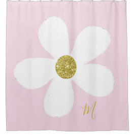 Daisy Pink White Simple Floral Gold Personal Douchegordijn