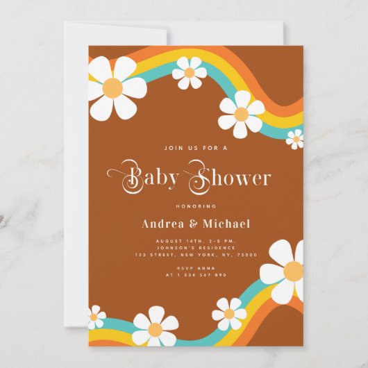 Daisy Rainbow Retro Typografie Hippie Baby shower Kaart (Voorkant)