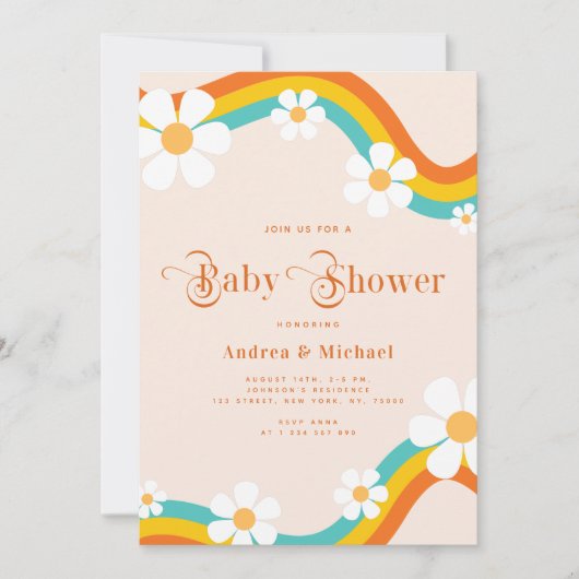 Daisy Rainbow Retro Typografie Hippie Baby shower Kaart (Voorkant)