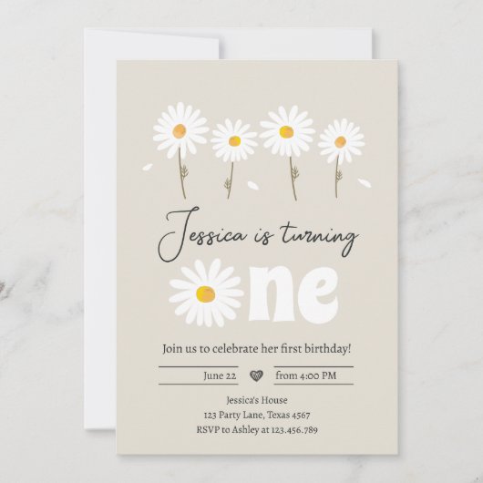 Daisy Retro Boho Party Creme Sand First Birthday Kaart (Voorkant)