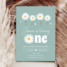 Daisy Retro Boho Party Dusty Blue First Birthday Kaart