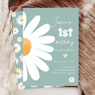 Daisy Retro Boho Party Dusty Blue First Birthday Kaart