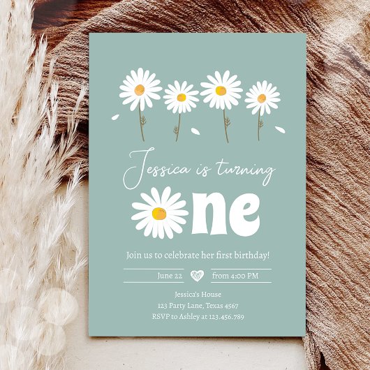Daisy Retro Boho Party Dusty Blue First Birthday Kaart