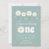 Daisy Retro Boho Party Dusty Blue First Birthday Kaart (Voorkant)