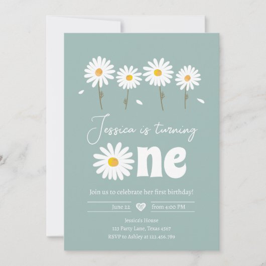 Daisy Retro Boho Party Dusty Blue First Birthday Kaart (Voorkant)