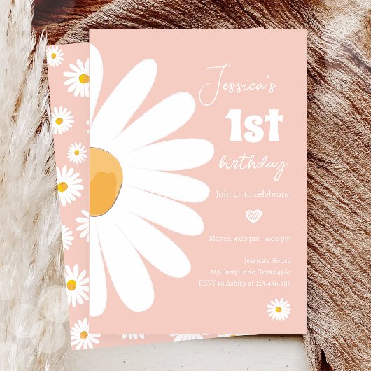 Daisy Retro Boho Party Pink Girl Eerste verjaardag Kaart
