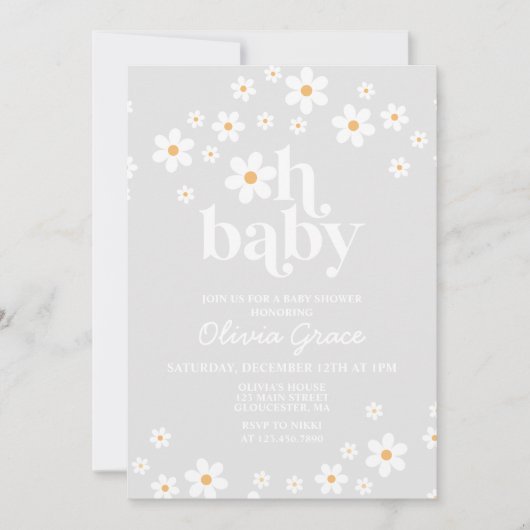 Daisy Retro Gray Floral Baby shower Kaart (Voorkant)