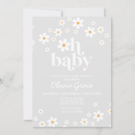 Daisy Retro Gray Floral Baby shower Kaart