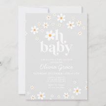 Daisy Retro Grijze Bloemen Baby Shower Uitnodiging