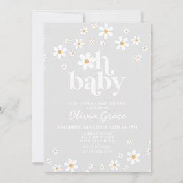 Daisy Retro Grijze Bloemen Baby Shower Uitnodiging