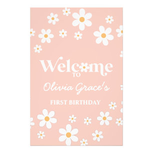 Daisy Retro Roze eerste verjaardag Welkom Foto Afdruk