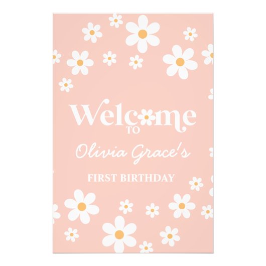 Daisy Retro Roze eerste verjaardag Welkom Foto Afdruk (Voorkant)