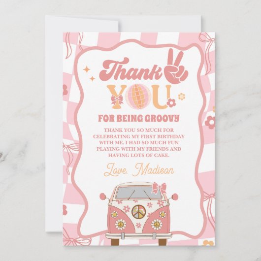 Daisy & Retro Van Pastel Groovy 1e verjaardag Bedankkaart (Voorkant)