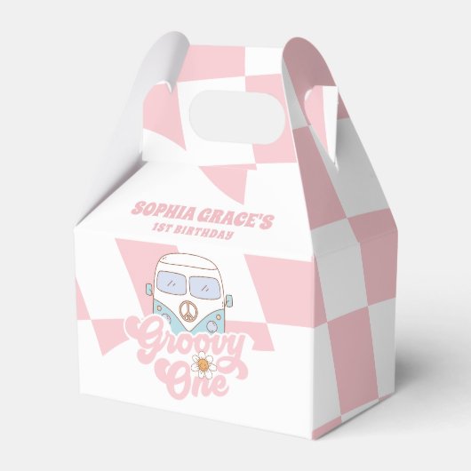 Daisy & Retro Van Pink Groovy Eén 1e Verjaardag Bedankdoosjes (Voorkant Zijde)