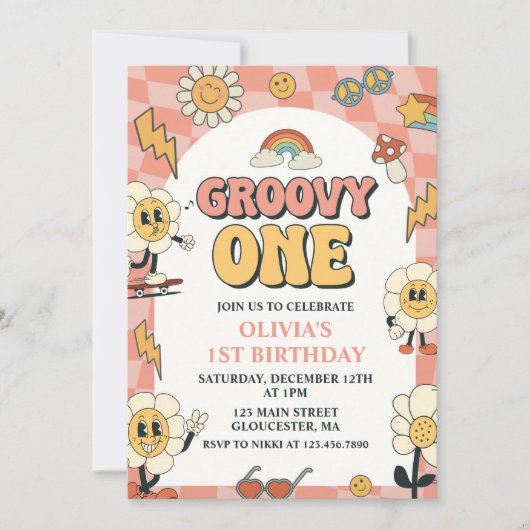 Daisy & Retro Van Pink Groovy Eén 1e Verjaardag Kaart (Voorkant)