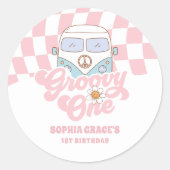 Daisy & Retro Van Pink Groovy Eén 1e Verjaardag Ronde Sticker (Voorkant)