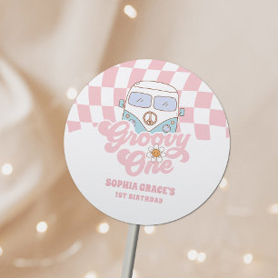 Daisy & Retro Van Pink Groovy Eén 1e Verjaardag Ronde Sticker