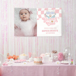 Daisy & Retro Van Pink Groovy Eén 1e Verjaardag Spandoek