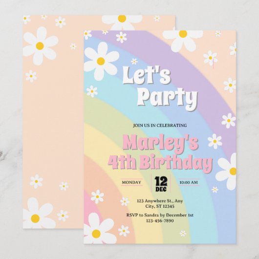 Daisy Retro Verjaardag Uitnodiging (Voorkant / Achterkant)