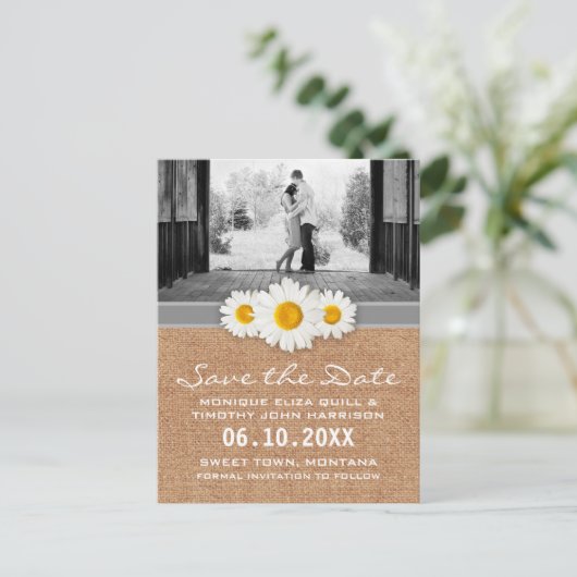 Daisy Ribbon - Burlap Grey & White Bewaar de datum Aankondigingskaart (Staand voorkant)