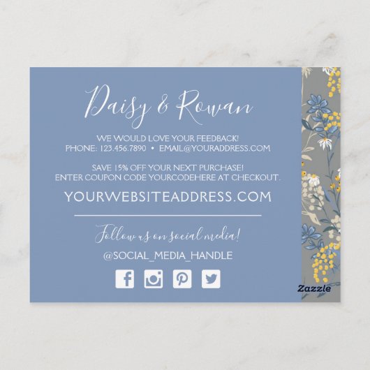 Daisy Rowan Navy & Yellow Botanical Bedankt Briefkaart (Achterkant)