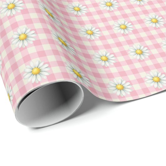 Daisy Rows on Pink Gingham Cadeaupapier (Rol Hoek)