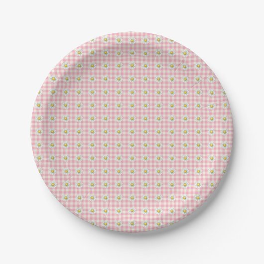 Daisy Rows on Pink Gingham Papieren Bordje (Voorkant)