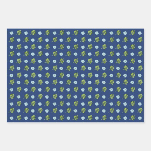 Daisy Roze Blauw Bloemen Groen Blad Patroon Inpakpapier Vel (Voorkant 2)