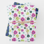 Daisy Roze Blauw Bloemen Groen Blad Patroon Inpakpapier Vel (In situ)