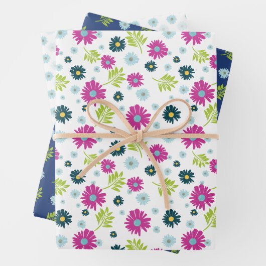 Daisy Roze Blauw Bloemen Groen Blad Patroon Inpakpapier Vel (In situ)