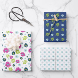 Daisy Roze Blauw Bloemen Groen Blad Patroon Inpakpapier Vel