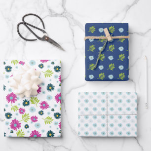 Daisy Roze Blauw Bloemen Groen Blad Patroon Inpakpapier Vel