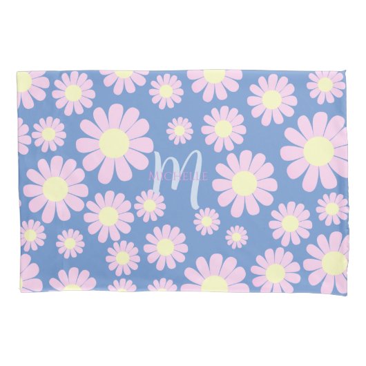 Daisy roze blauw monogram kussensloop (Voorkant)