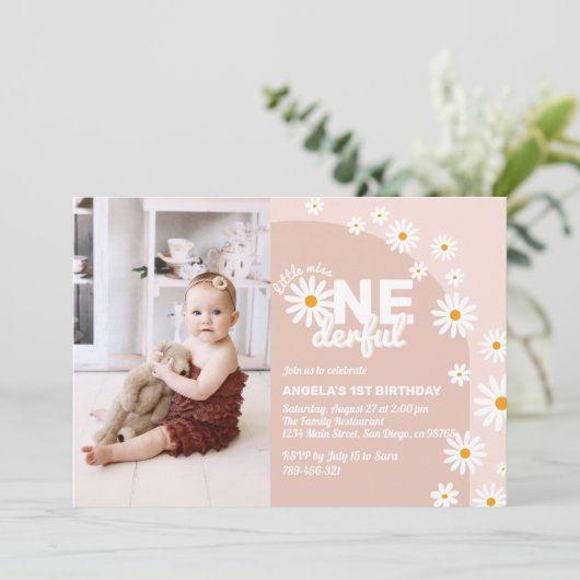 Daisy roze Miss onederful Meisje 1e Verjaardagsfot Kaart (Staand voorkant)