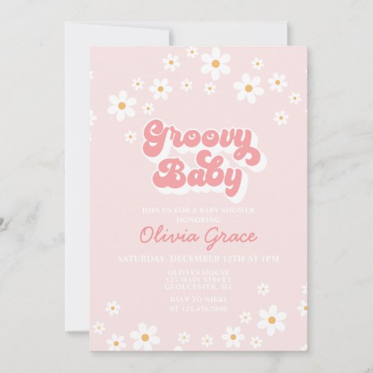 Daisy Roze Retro Groovy Baby Shower Uitnodiging (Voorkant)