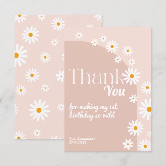 Daisy roze wild 1 Girl 1 Birthday Dank Bedankkaart (Voorkant / Achterkant)