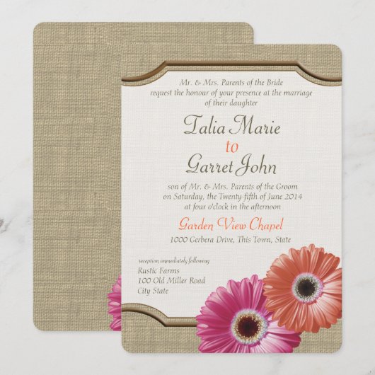 Daisy Rustic Burlap Coral en Pink Kaart (Voorkant / Achterkant)