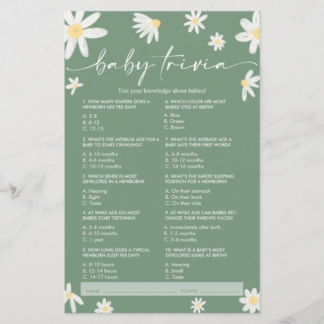 Daisy Sage Green Baby Trivia, Baby shower Spel (Voorkant)