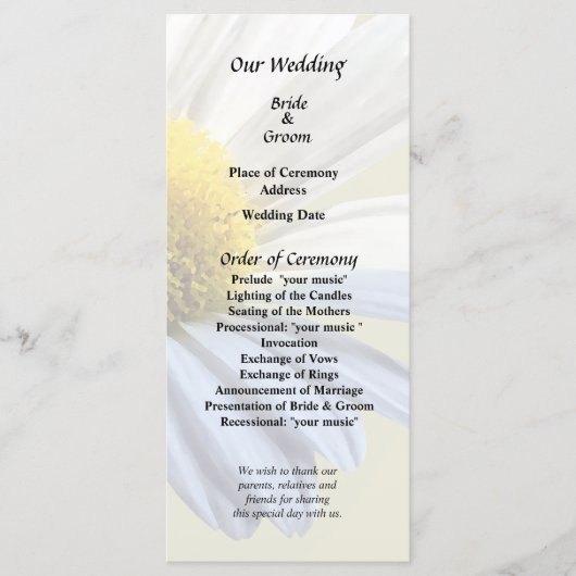 Daisy Shadow en Light Huwelijksbenodigdheden Programmakaart (Voorkant)